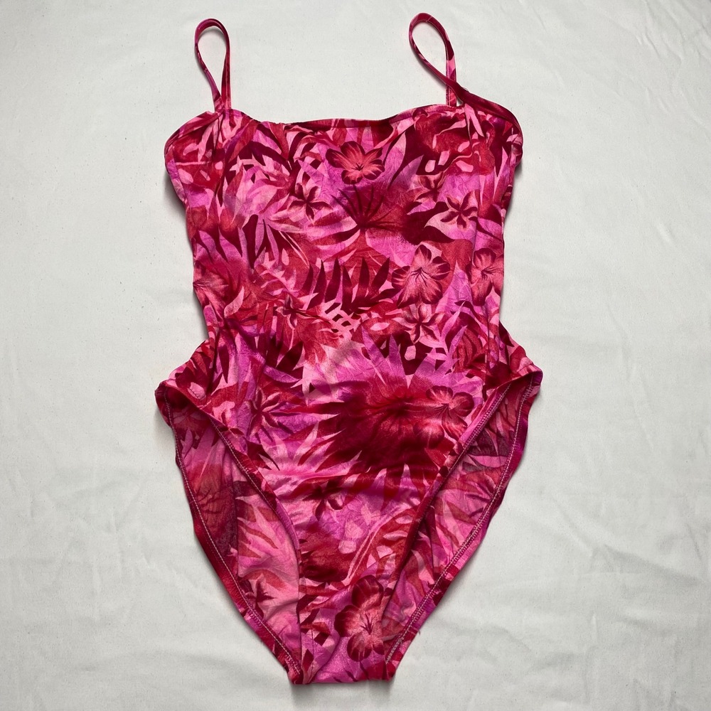 Beach Cabana Pink Tropical Floral High Cut One Piece Swimsuit Square Neck medium